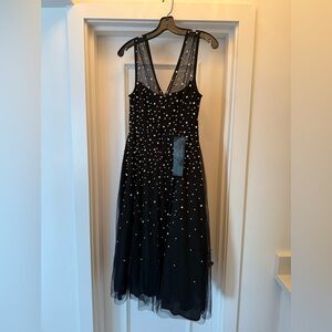 BCBG Black tulle , pearl dotted midi dress